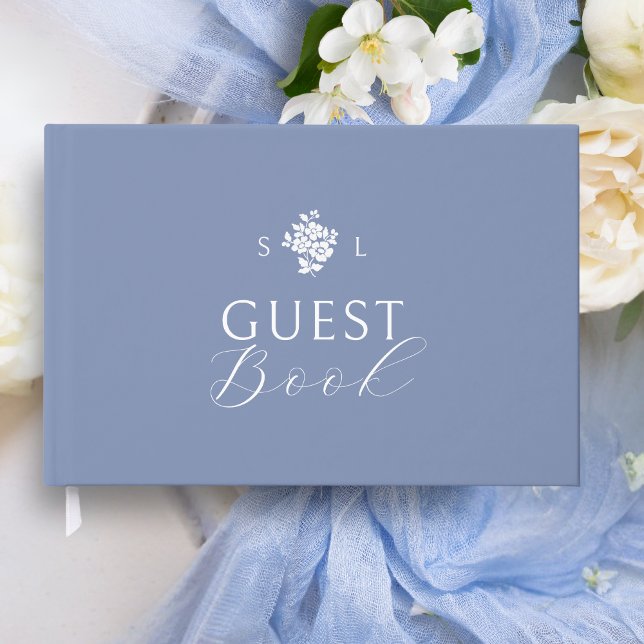 Dusty Blue | Blommigt Monogram Bröllop Gästböcker (Skapare uppladdad)