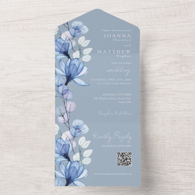 Dusty Blue Blommigt Monogram QR-kod Bröllop (Insida)