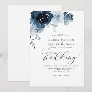 Dusty Blue Blommigt Mörk Navy Pastel Boho Bröllop Inbjudningar