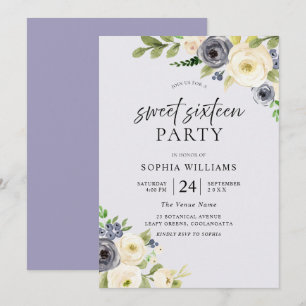 Dusty Blue Blommigt Navy Sweet 16 Party Inbjudningar