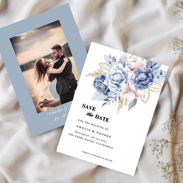 Dusty blue blommigt och greenere Save Date Card Spara Datumet (Skapare uppladdad)
