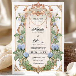 Dusty Blue Blommigt och Guld bröllopsinbjudan Inbjudningar