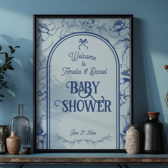 Dusty Blue Blommigt Ornament Classic Baby Shower Poster (Skapare uppladdad)