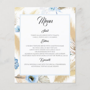 Dusty Blue Blommigt Pampas Grass Bröllop Menu Flygblad
