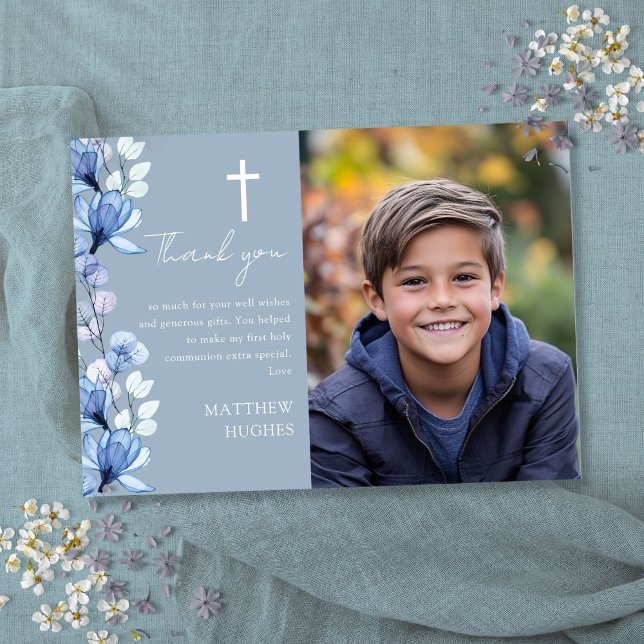 Dusty Blue Blommigt Photo First Heliga Communion Tack Kort (Dusty Blue Floral Photo First Holy Communion Thank You Card)