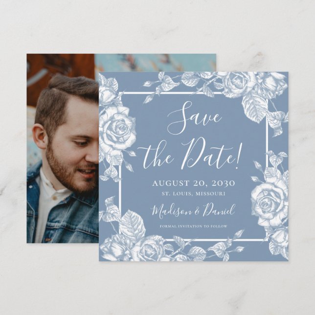 Dusty Blue Blommigt Photo Save Date Inbjudningar (Fram/baksida)