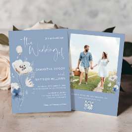 Dusty Blue Blommigt QR Code OSA Photo Bröllop Inbjudningar