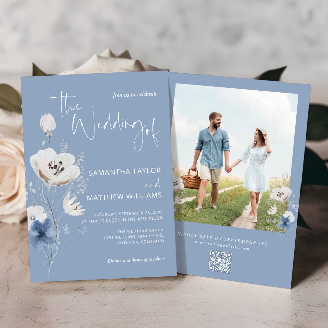 Dusty Blue Blommigt QR Code OSA Photo Bröllop Inbjudningar (Skapare uppladdad)