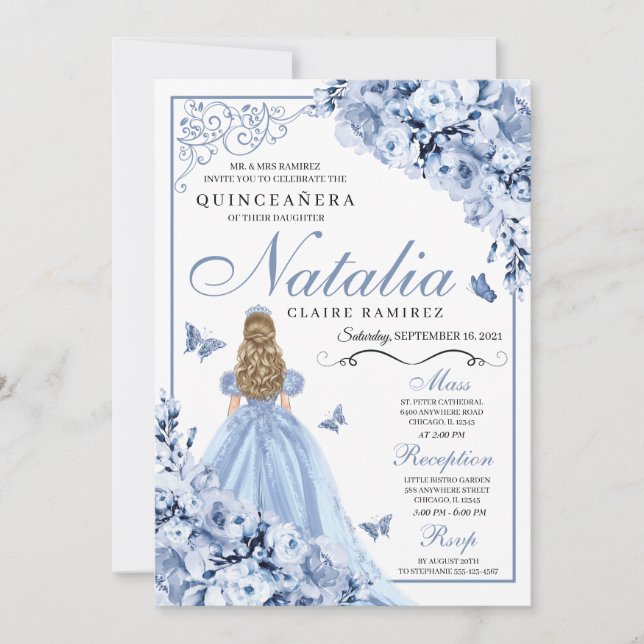 Dusty Blue Blommigt Quinceanera Birthday-inbjudan Inbjudningar (Framsida)