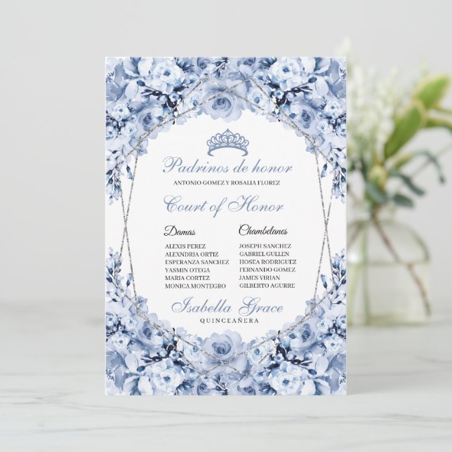 Dusty Blue Blommigt Quinceanera Court of Honor Inbjudningar (Stående Fram)