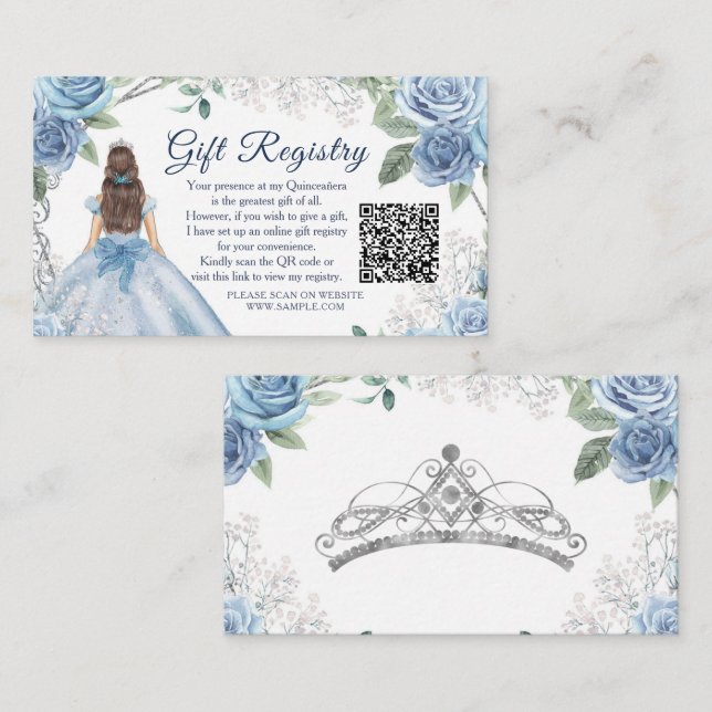 Dusty Blue Blommigt Quinceañera QR Gift Registry Tilläggskort (Fram/baksida)