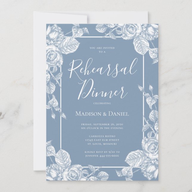 Dusty Blue Blommigt Rehearsal Dinner Inbjudningar (Framsida)