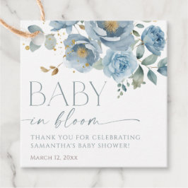 Dusty blue blommigt ro baby i bloomskdusch gåvor etiketter