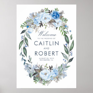 Dusty Blue Blommigt Romantic Bröllop Välkommen Poster