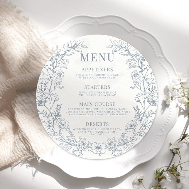 Dusty blue blommigt runda bröllop Menu Card-skylt Meny (Skapare uppladdad)