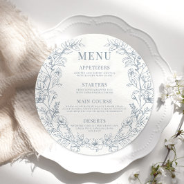 Dusty blue blommigt runda bröllop Menu Card-skylt Meny