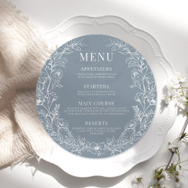 Dusty blue blommigt runda bröllop Menu Card-skylt Meny