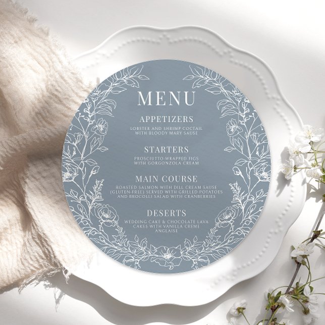 Dusty blue blommigt runda bröllop Menu Card-skylt Meny (Skapare uppladdad)