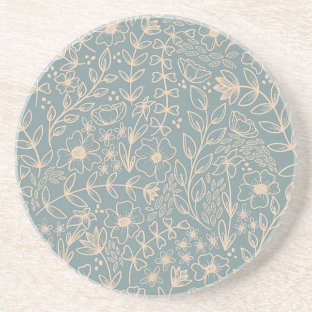 Dusty Blue Blommigt Sandstone Underlägg (Framsidan)