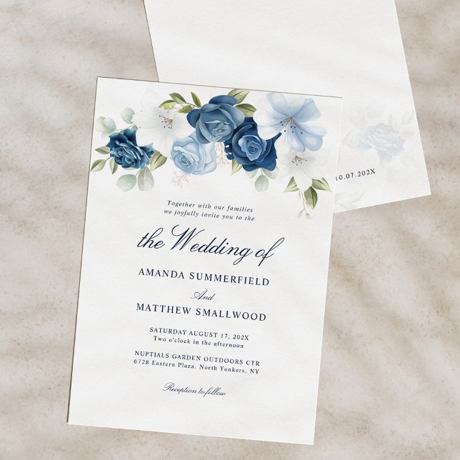 Dusty Blue Blommigt Script Elegant bröllop Inbjudningar (Watercolor Dusty Blue Floral Script Wedding Invitation)