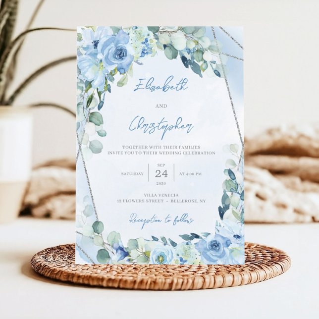 Dusty Blue Blommigt Silver Geometric Ram Bröllop Inbjudningar (Winter blue flowers mixed eucalyptus greenery and silver glitter frame wedding invitation)