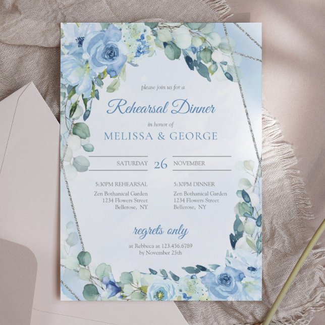Dusty Blue Blommigt Silver Geometric Ram rehearsal Inbjudningar (chic winter watercolor blue flowers mixed fresh eucalyptus and silver frame rehearsal dinner invite)
