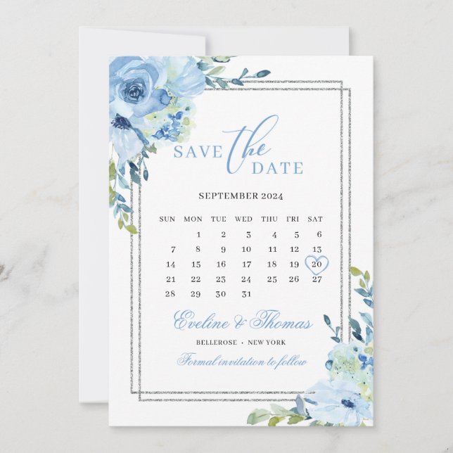 Dusty blue blommigt silver glitter Kalender bröllo Spara Datumet (Framsida)