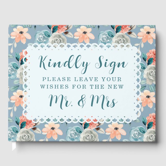 Dusty Blue Blommigt Snöre | Dekorativ kalligrafi Gästböcker (Framsida)