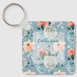 Dusty Blue Blommigt Snöre   Dekorativ kalligrafi Nyckelring