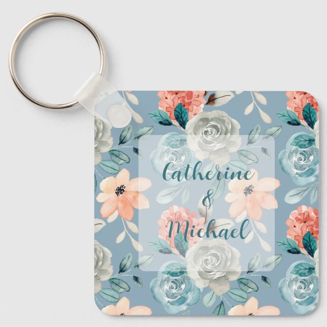 Dusty Blue Blommigt Snöre | Dekorativ kalligrafi Nyckelring (Framsida)