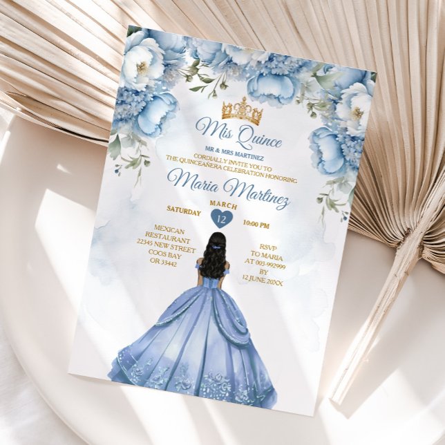 Dusty Blue Blommigt Spain Princess Mis Quince Inbjudningar (Skapare uppladdad)