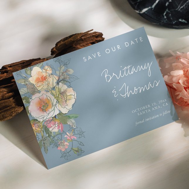 Dusty Blue-Blommigt Spara datum - Vattenfärg Inbjudningar (Dusty Blue Floral Save the Date – Watercolor Invitation)
