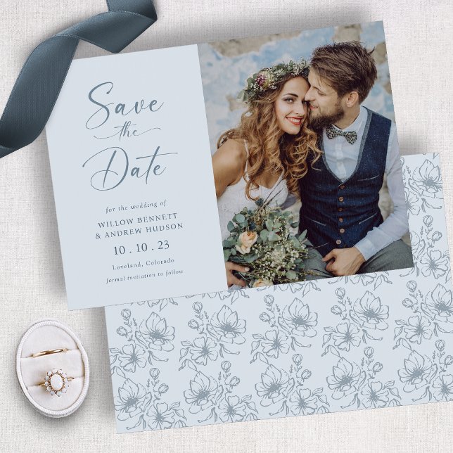 Dusty Blue-Blommigt Spara Datumet (Dusty Blue Floral Save The Date
)