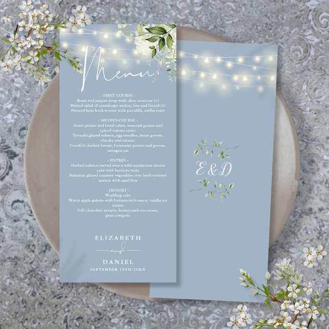 Dusty Blue Blommigt String Ljus Bröllop Middag Meny (Dusty Blue Floral String Lights Wedding Dinner Menu)