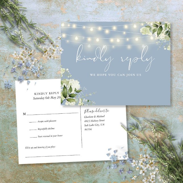 Dusty Blue Blommigt String Ljus Sång Request OSA Inbjudan Vykort (Dusty Blue Floral String Lights Song Request RSVP Invitation Postcard)
