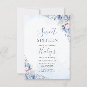 Dusty Blue Blommigt Sweet 16 Sexton Budget Birthda Inbjudningar