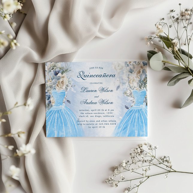 Dusty Blue Blommigt Twillingars Quinceañera-inbjud Inbjudningar (Skapare uppladdad)