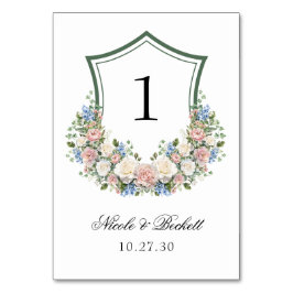 Dusty Blue Blommigt Vapensköld Bröllop Bordsnummer