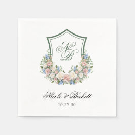 Dusty Blue Blommigt Vapensköld Bröllop Pappersservett
