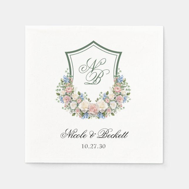Dusty Blue Blommigt Vapensköld Bröllop Pappersservett (Framsidan)