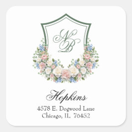 Dusty Blue Blommigt Vapensköld Bröllop Returadress Fyrkantigt Klistermärke