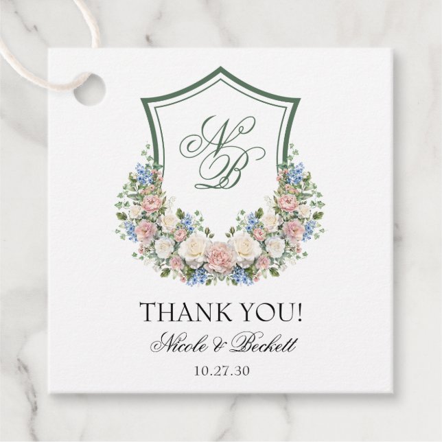 Dusty Blue Blommigt Vapensköld Bröllop Tack Gåvor Etiketter (Framsida)