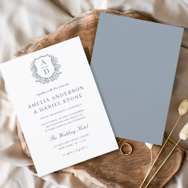 Dusty Blue Blommigt Vapensköld Monogram Bröllop El Inbjudningar