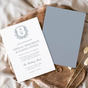 Dusty Blue Blommigt Vapensköld Monogram Bröllop El Inbjudningar