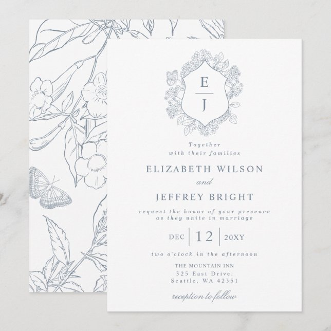 Dusty Blue Blommigt Vapensköld Monogram Bröllop Inbjudningar (Fram/baksida)