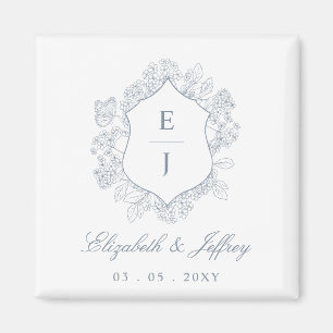 Dusty Blue Blommigt Vapensköld Monogram Bröllop Magnet