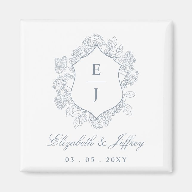 Dusty Blue Blommigt Vapensköld Monogram Bröllop Magnet (Framsidan)