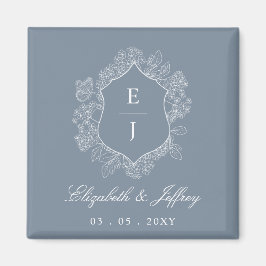 Dusty Blue Blommigt Vapensköld Monogram Bröllop Magnet