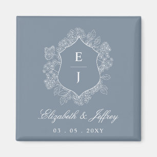 Dusty Blue Blommigt Vapensköld Monogram Bröllop Magnet