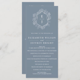 Dusty Blue Blommigt Vapensköld Monogram Bröllop Program